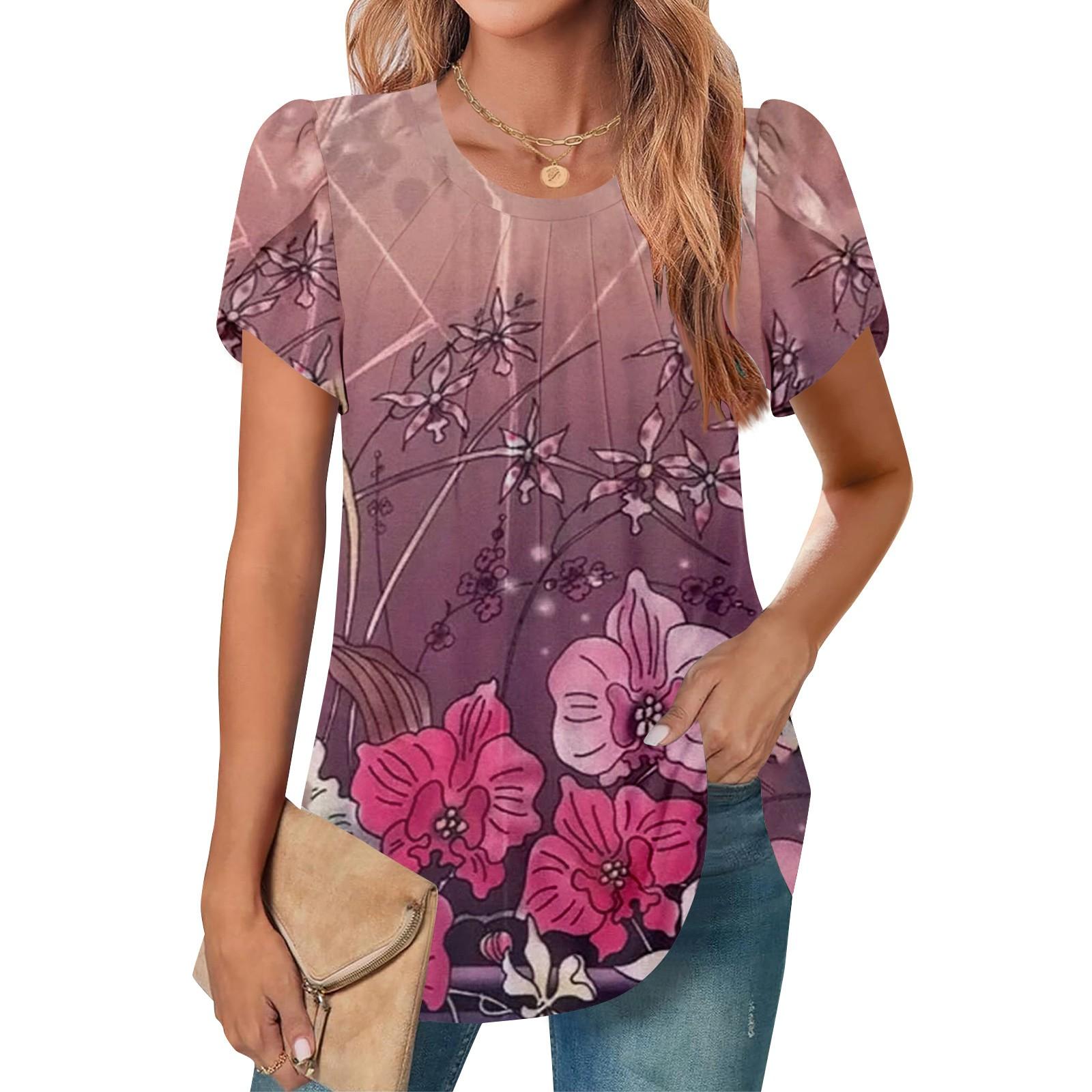 

Женский повседневный топ с круглым вырезом и коротким рукавом, с плиссировкой и расклешенными рукавами, с цветочным принтом XL винный