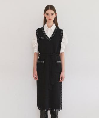 Baitalssain [Line] Stitch Layered Knit Dress (Black)