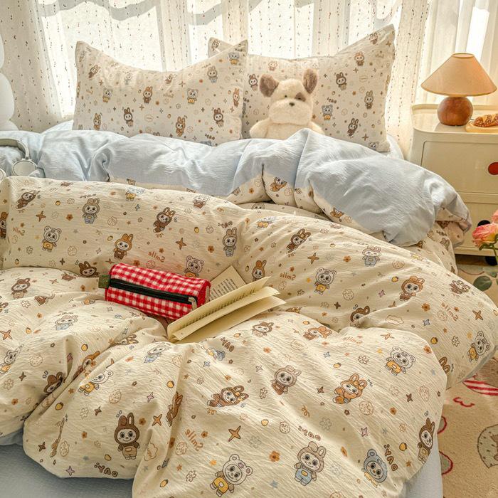 Super Soft Cotton Chenille Bear Embroidery Bedding Set - 4-Piece Simple Cartoon Duvet & Sheet