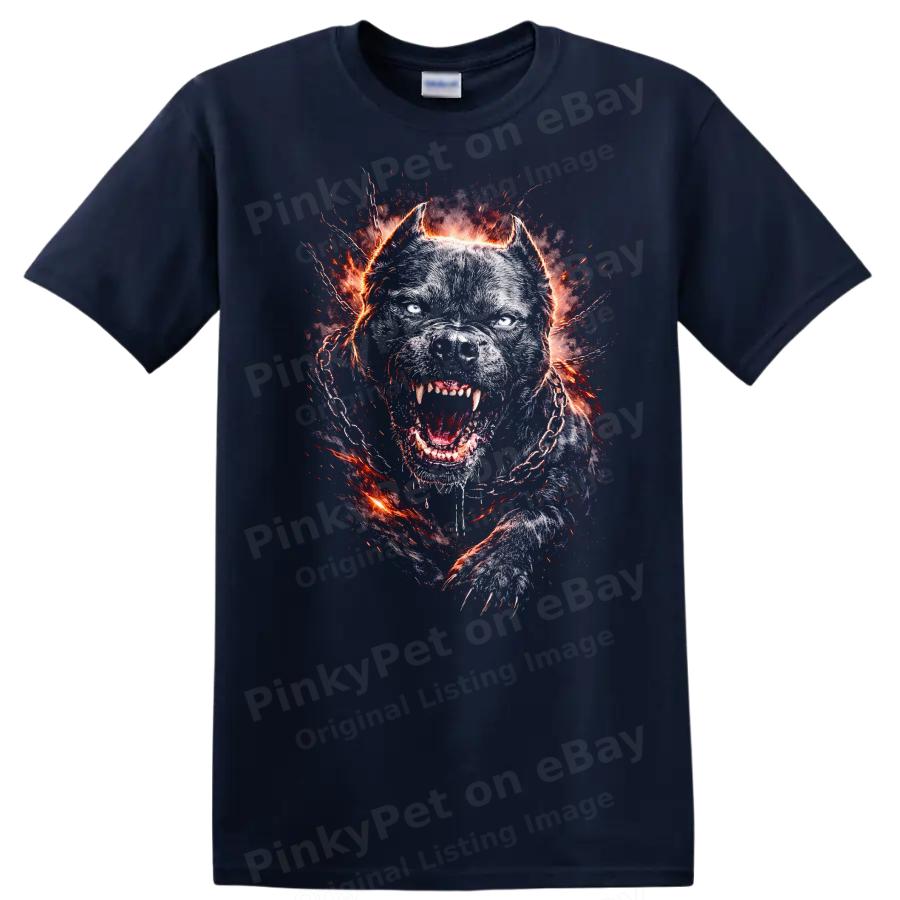 Fierce Dog Graphic T Shirt with Fire and Chains Animal Lover Tee
