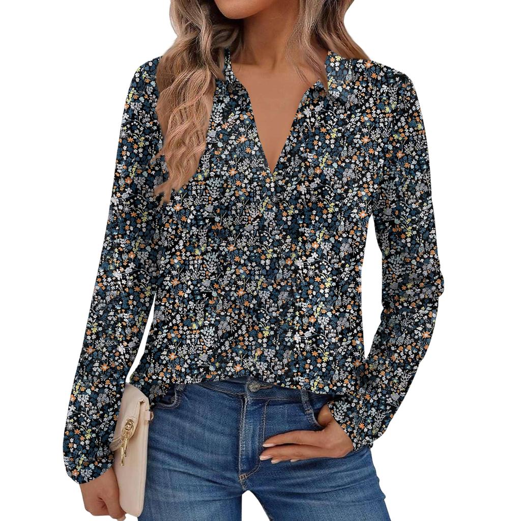 Women's Fashion Long-Sleeved Retro Floral Print Stand Collar Shirt
