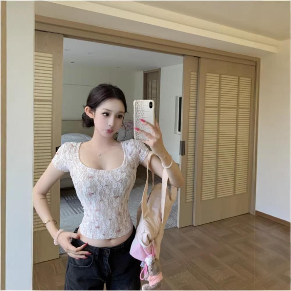 White Lace Floral U-neck Short-sleeved T-shirt Women's Summer Design Short Pure Desire Spice Slim Top