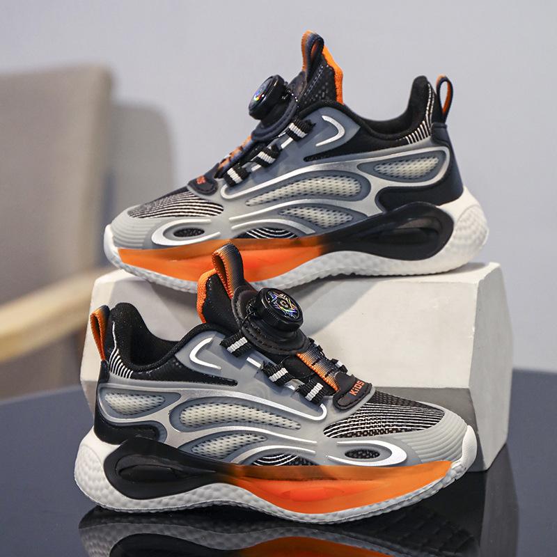 Children's sports shoes leather students autumn and winter new mesh shoes boys running shoes lightweight wear-resistant button casual shoes