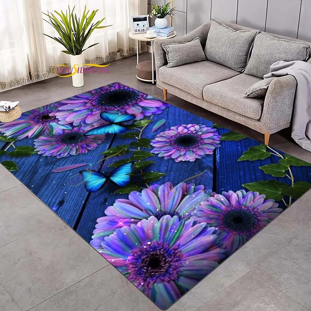 Koberec 3D Daisy Flowers Butterflies Velkoplošné koberce Barevný Butterfly Sunflower Koberec do obývacího pokoje Ložnice Herna Domácí dekorace