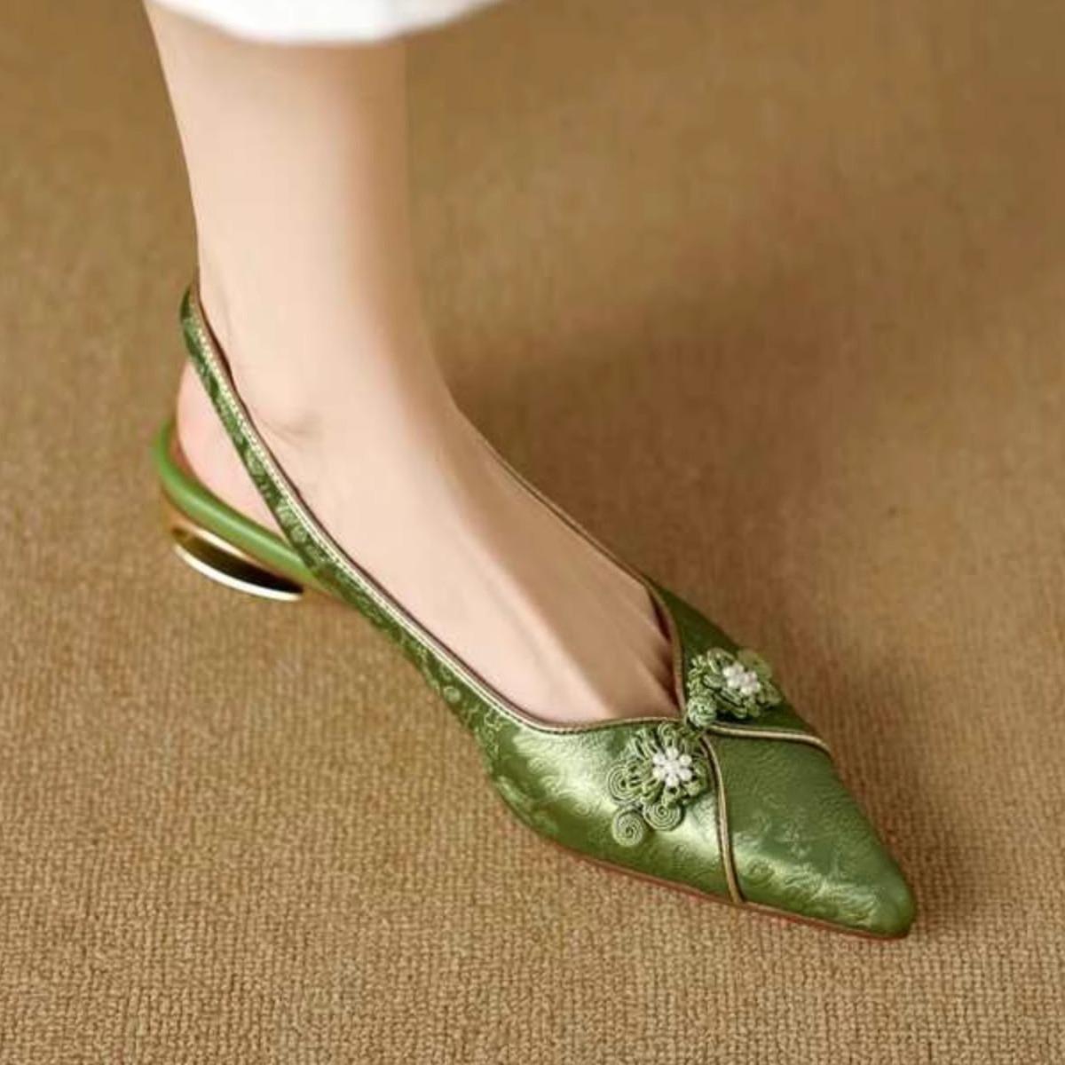 

--Остроконечные модные сандалии-мешки женские ципао дизайн чувство пустые одинарные туфли 39 зелёный