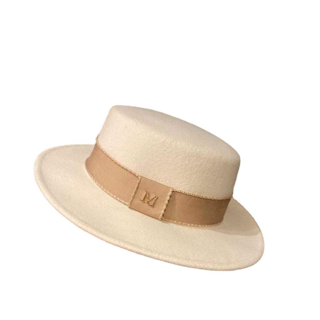 High-Quality M-Standard Eaves Double-Sided Pure Wool Flat-Top Top Top Hat, Autumn And Winter Temperament Elegant Korean Webbing Jazz Hat Tide