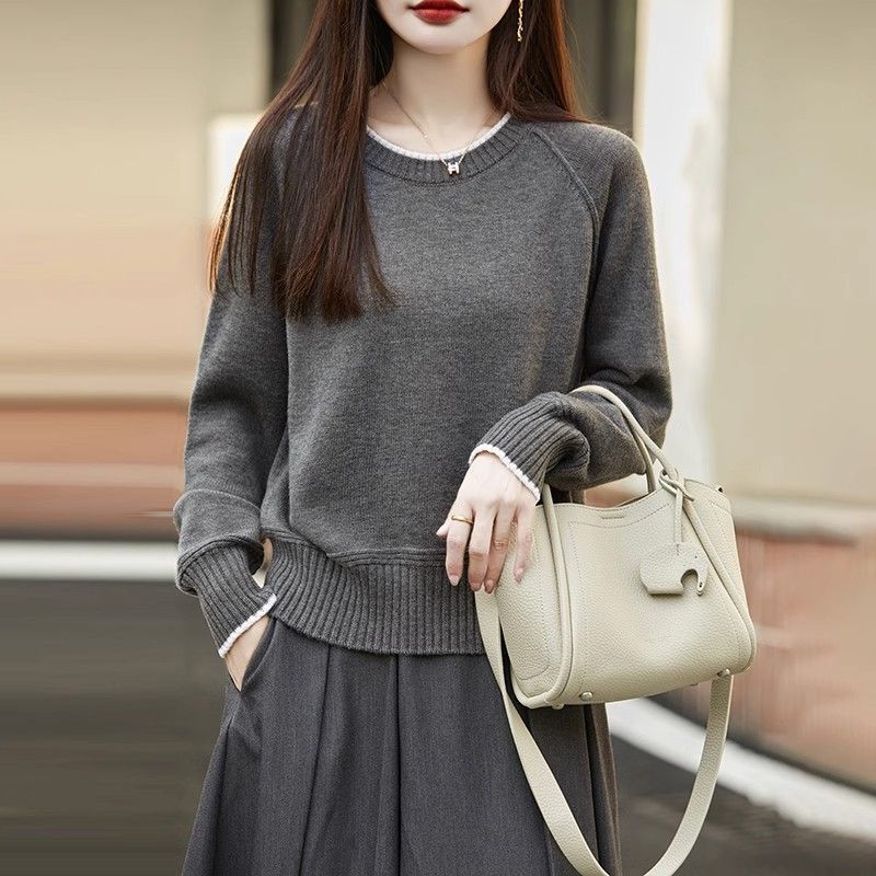 Women S Plus Size Color Block Knit Sweater Loose Crew Neck Pullover