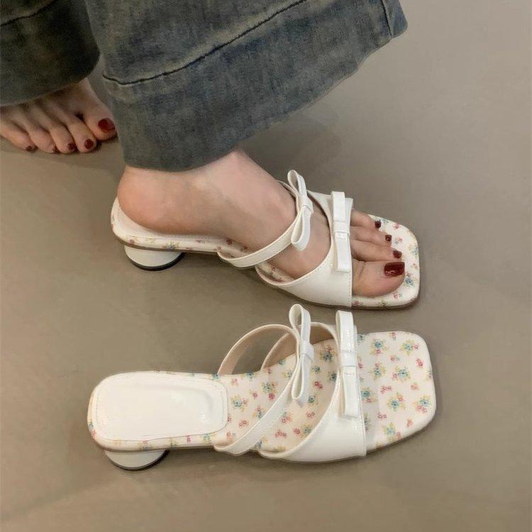 

French bow high heels cool slippers fairy shoes spring and summer new with skirt open-toed square head sandals women 40