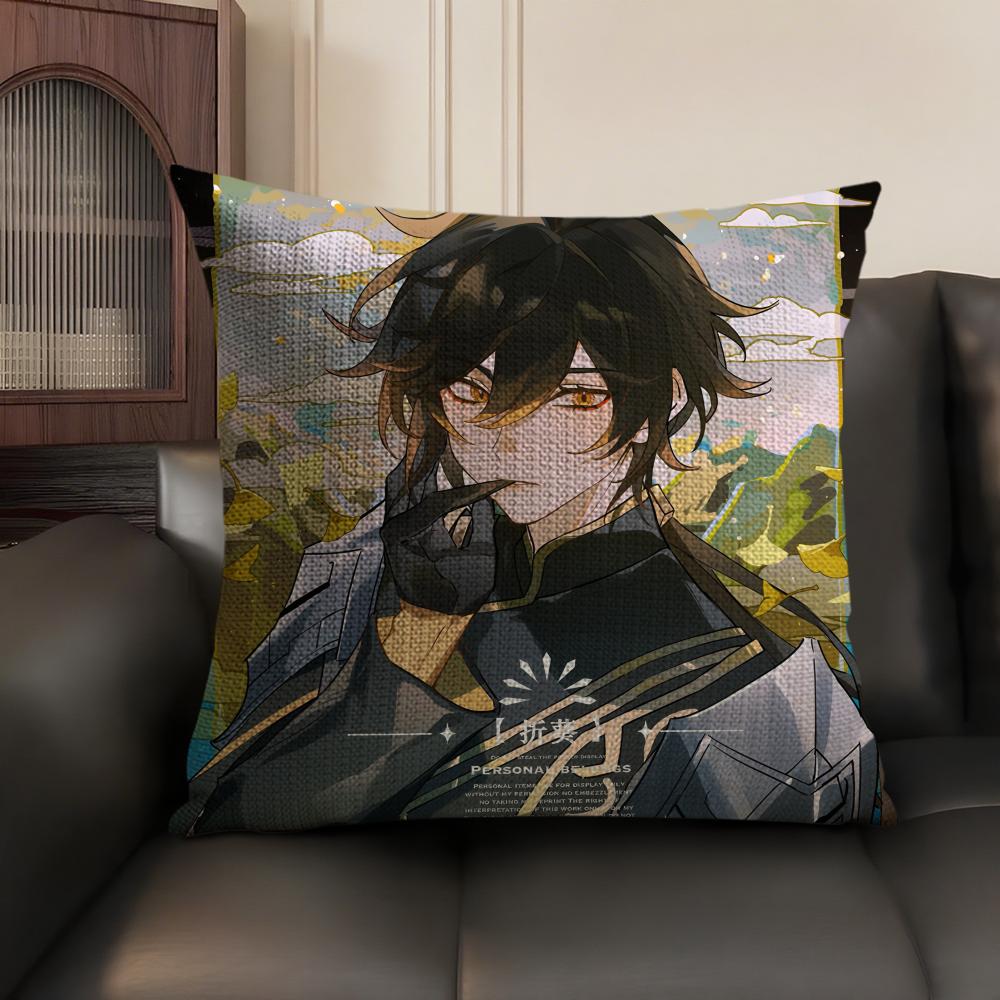 Zhongli Genshin Impact Cute Cushion Cover Natural Linen Organic Fabric DoubleSided Printing Sofa Home Decor Gift Pillow Case