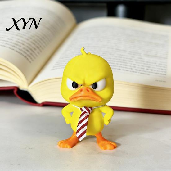 Cute Desktop Ornament with Tie 3D Printed Angry Duck Figurine, Yellow Detachable Articulated Tie, Fun Expression for Family Home Office Nursery