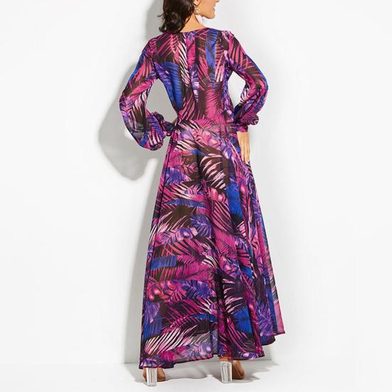 Übergröße Böhmisches Strand Damen Blätterdruck V-Ausschnitt Lange Laternenärmel Maxi-Kleid