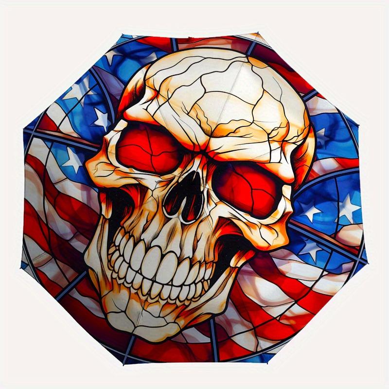Amerikanische Flagge Totenkopf Buntglas FensteraufkleberRegenschirm, Tragbarer 3-fach Kompakter Regenschirm, Weihnachtsgeschenk ES649
