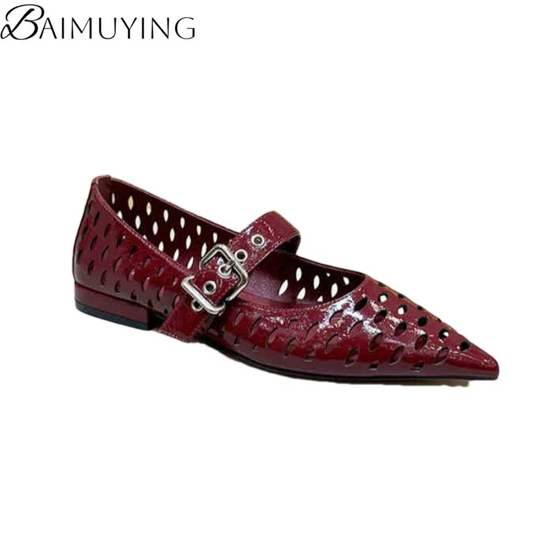 Spitze Zehenpartie Ausgeschnittene Sandalen Damen Mary Janes Schuhe Niedrige Absätze Sommer 2025 Trend Flach Klobig Leder Schnallenriemen Kleid Party