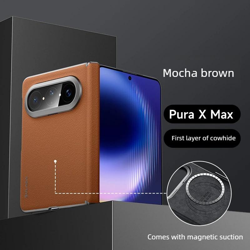 Genuine Leather Center Axis Protective Phone Case for Huawei Pura X Max SULADA First Layer Cow Built-in Magnetic Phone Case