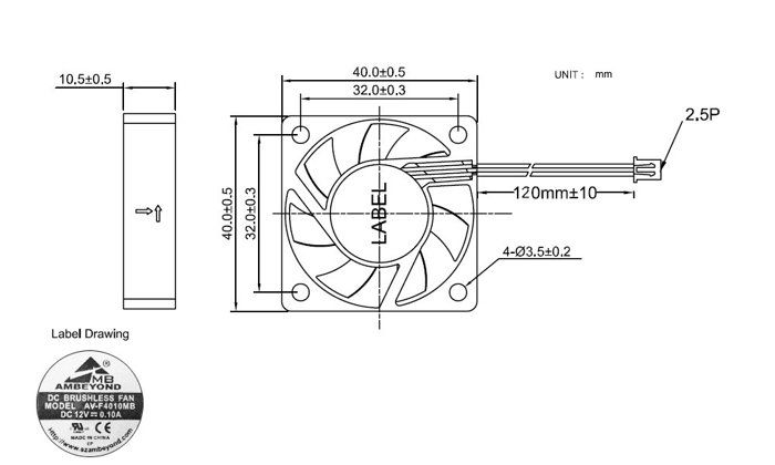 Ventilateur - Ronghua - AV-F4010MB - DC 12V - 6200 RPM - 6,86 CFM