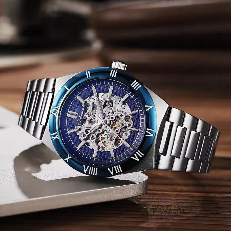 Dulunwe Skeleton Mechanical Watches Blue Roman Dial Watch for Men Automatic Watches Luxury Sports Waterproof Clock