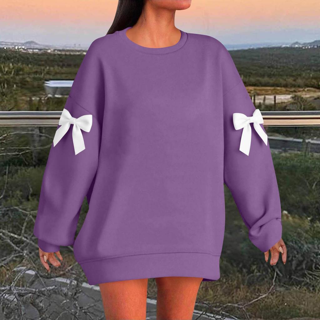 Women's Solid Color Bow Round Neck Long Sleeved Loose Pullover Sweater Sweatshirt