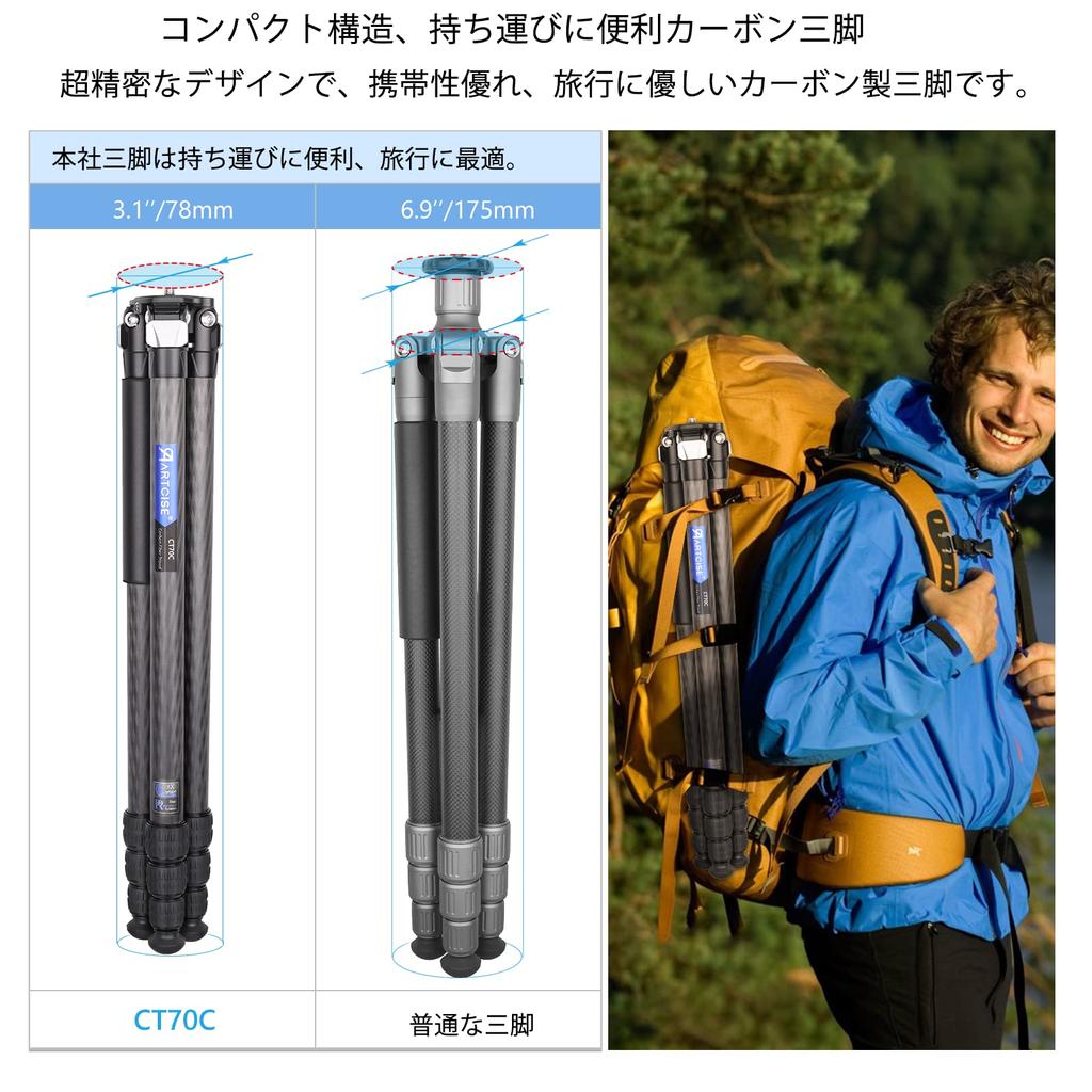 ARTCISE Carbon niedrige Mitte der 44 mm Kugel 29 mm Rohr Gesamthöhe kompakte Reise volle Sicht 360 Grad leichtes 4 Mutternschloss Einbeinstativ variable Kamera Video