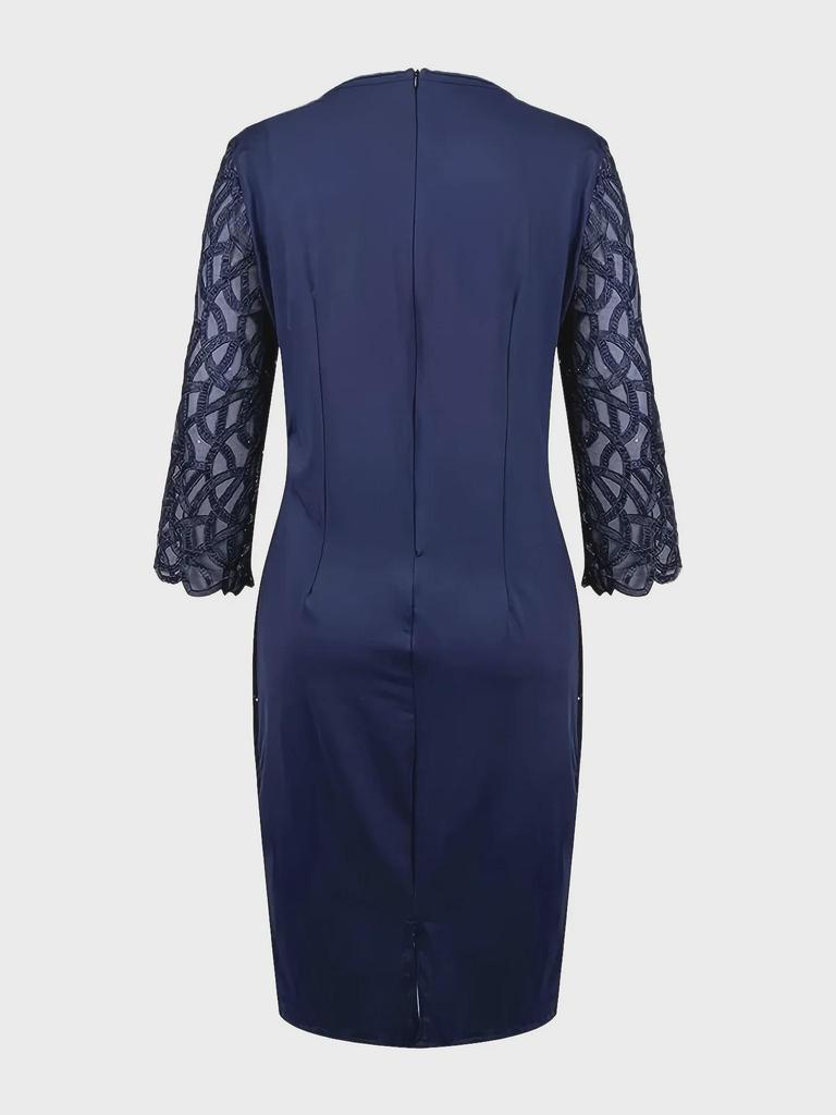 Women's European & American Round Neck Shiny Slim Party Dress with Mesh Three-Quarter Sleeves