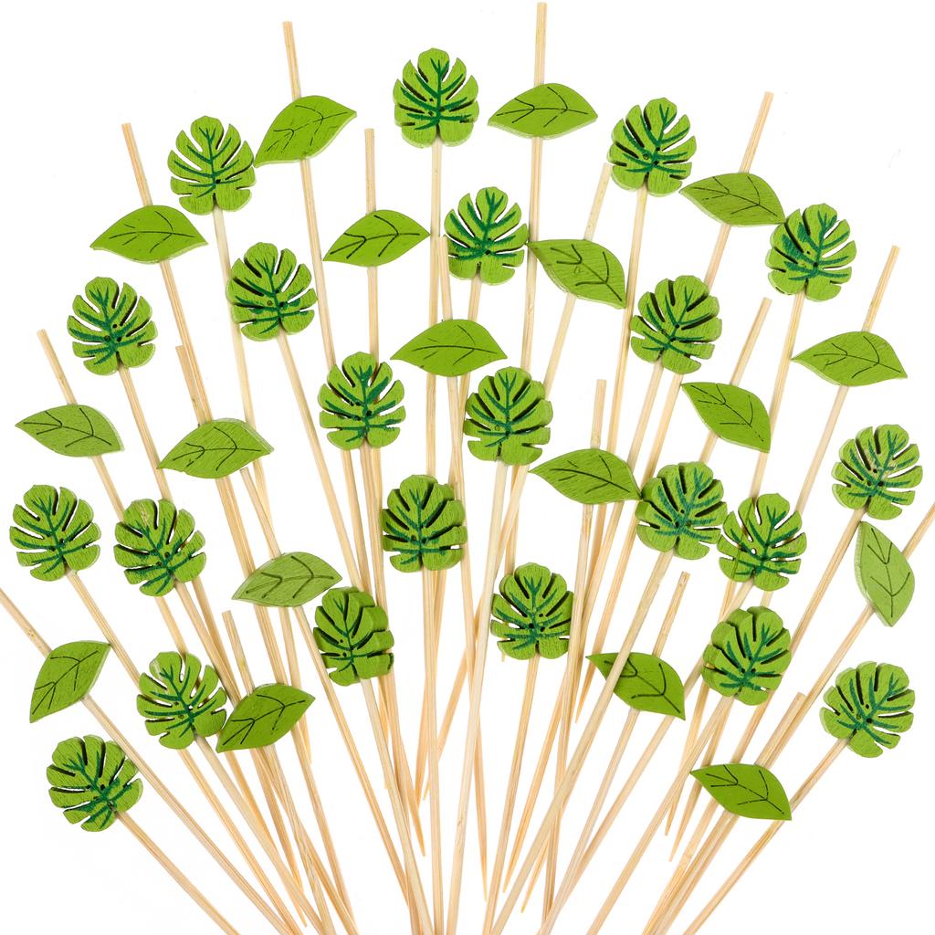200Pcs Disposable Green Leaf Cocktail Picks Plam Leaf Handmade Toothpicks Bamboo