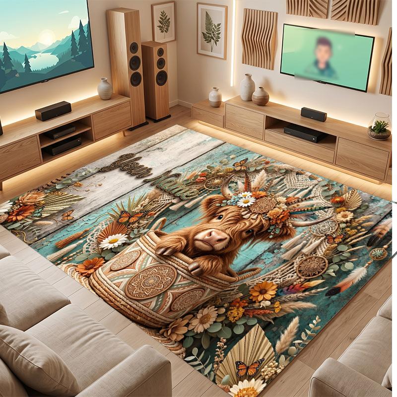 Highland Cow Theme Soft Crystal Velvet Rug Custom Name & Text Print Non Slip Floor Rug for Bedroom Living Room