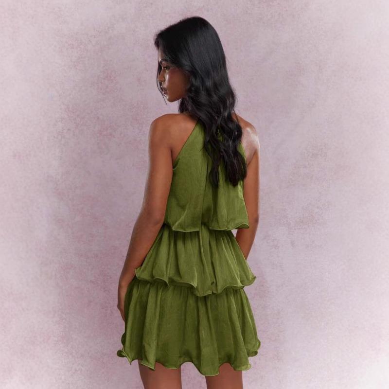 Vestido de Verano Nuevo Cuello Sin Mangas Tul de Gama Alta Borde con Volantes Temperamento Elegante