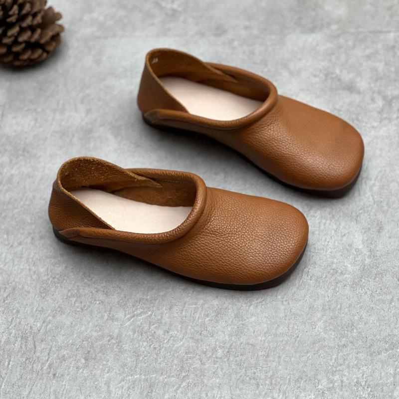 Johnature Chaussures plates vintage faites à la main en cuir véritable, chaussures confortables à semelle souple, couleur unie, à enfiler