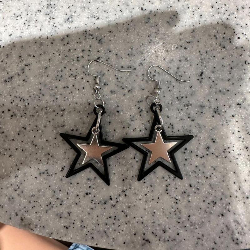 Black Star Pendant Necklace Exquisite Punk Double Star Clavicle Chain Unique Choker Jewelry Hip Hop Earring Eye Catching