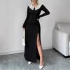 Women's Temperament Long Sleeve Lace Splicing Slimming Side Slit Dresses