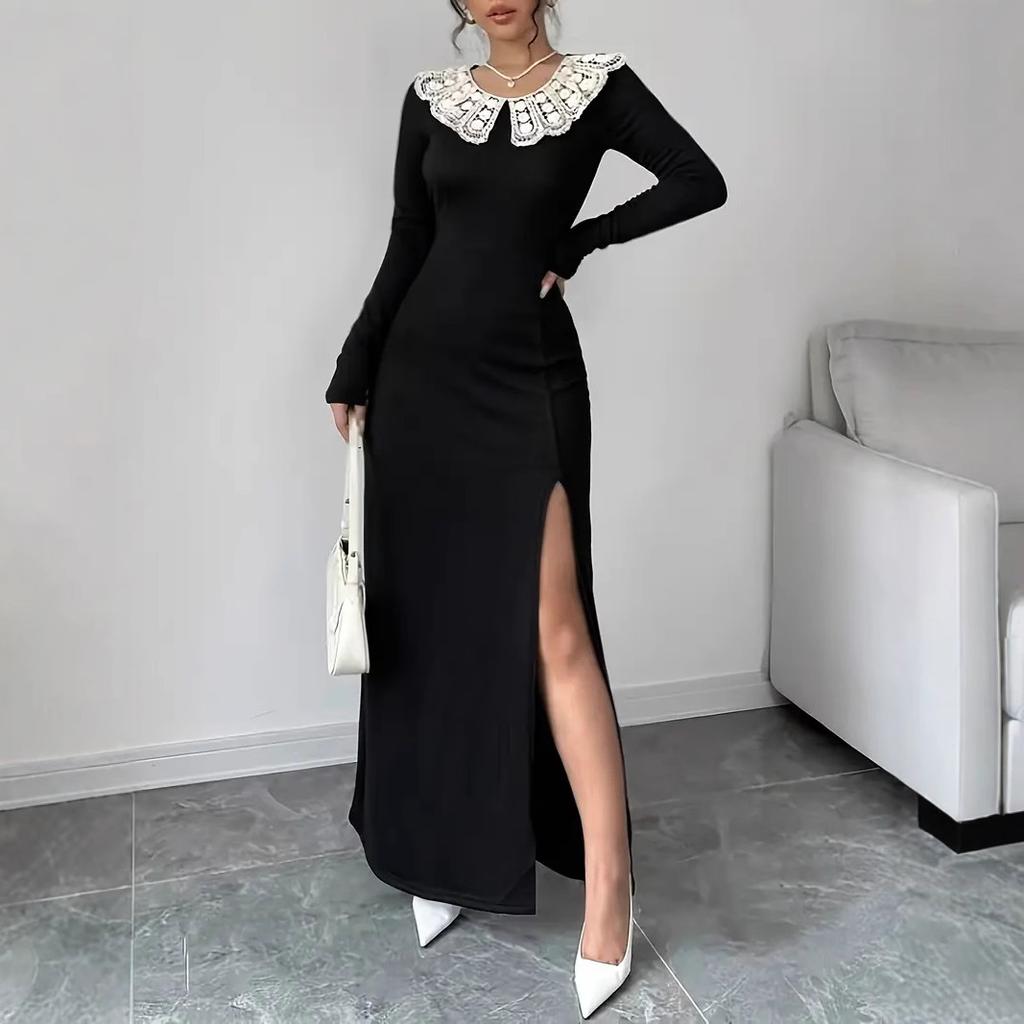 Women's Temperament Long Sleeve Lace Splicing Slimming Side Slit Dresses