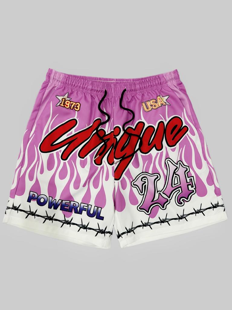 Men Gothic Angel Graffiti 3D Print Mesh Beach Shorts Elastic Drawstring Loose Straight Casual Summer Board Shorts