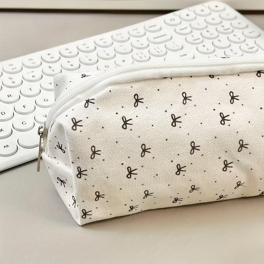 1pc Large Capacity Cosmetic Stationery Organizer Pouch Zipper Closure Bow Design Portable Pouch for School Office Travel Storage