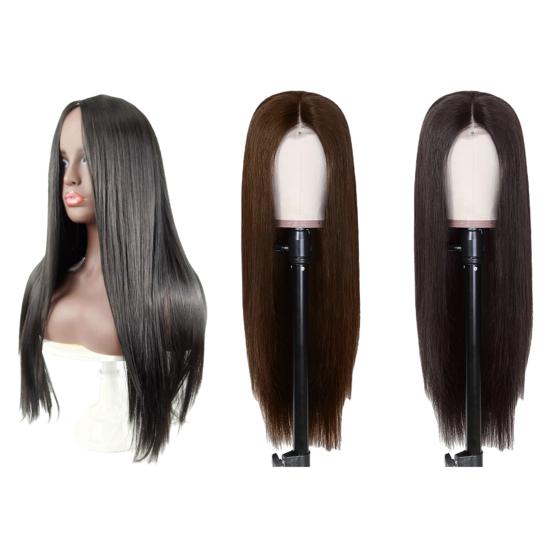 Women Long Straight Wig Middle Part Natural Looking Silky Heat Resistant High Temperature Fiber Ladies Black Brown Synthetic Hair