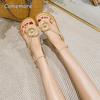 Comemore 2025 Summer New Elegant Women's Sandals Flat Female Shoes Flower Design Black White Flip-flops Large Size 42 43