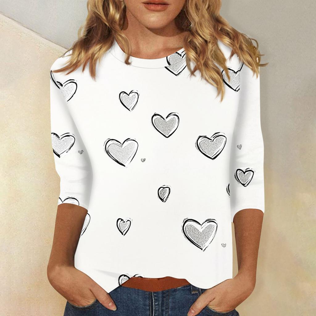 Damenmode Lässiges T-Shirt mit Rundhalsausschnitt und Dreiviertelärmeln zum Valentinstag mit Liebesherz-Aufdruck