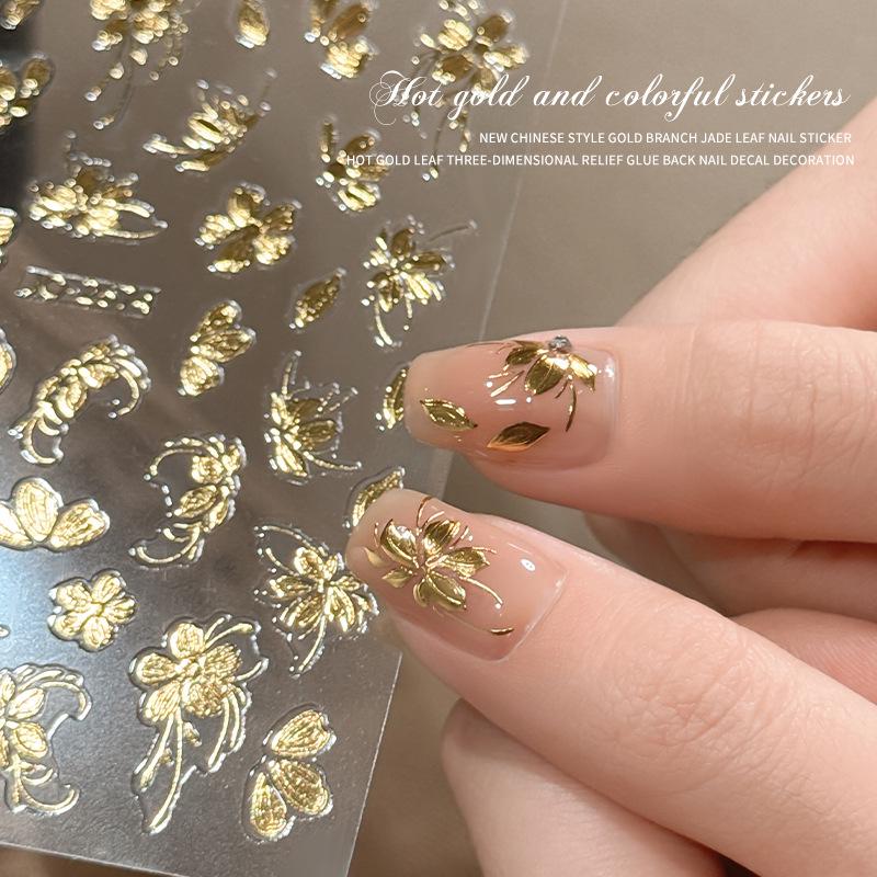2025 Autumn/Winter Retro Gold Foil Nail Art Stickers: Embossed Floral Branches & Jade Leaves Accessories
