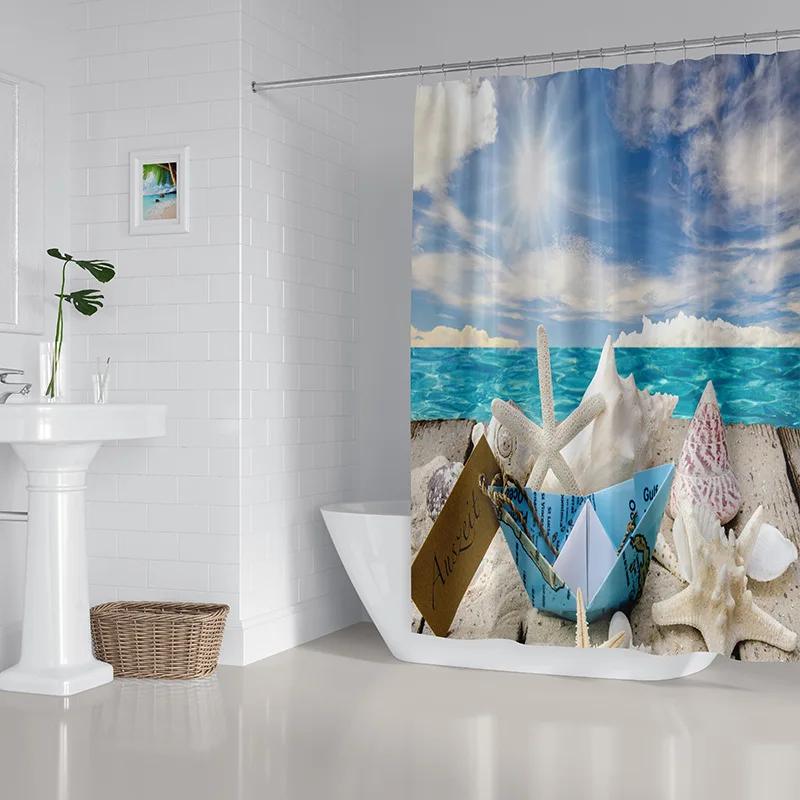 2022 New Shower Curtain Starfish Beach Pattern Bathroom Partition Waterproof  Coconut Sea View Polyester