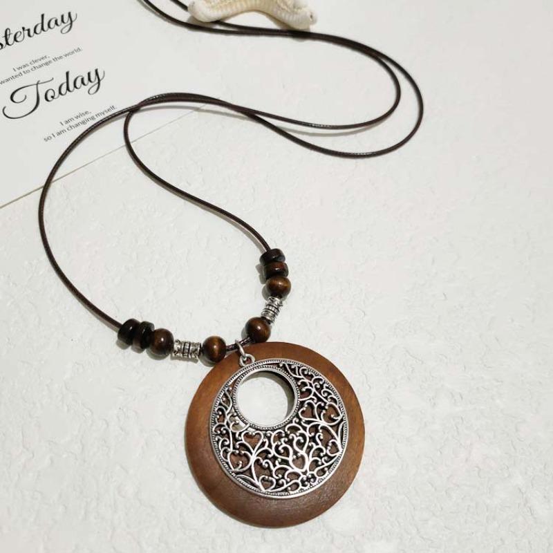 Retro Cotton and Linen Accessories Ethnic Style Wooden Long Women's Sweater Chain Alloy Leaf Necklace