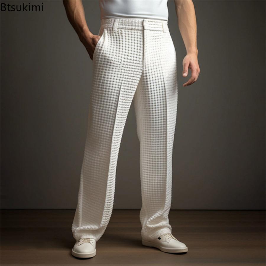 Pantaloni eleganți waffle pentru bărbați, uni, largi, drepți, pantaloni business, sociali, pentru ținută, pantaloni casual de vacanță pentru bărbați