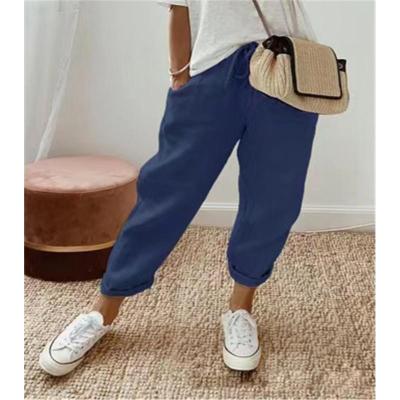 Ladies Summer Solid Color Elastic Waist Casual Nine-minute Pants