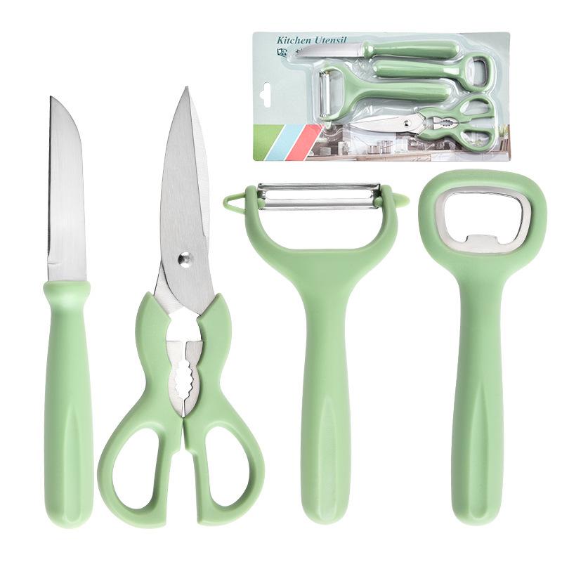 Four-Piece Kitchen Tool Set: Scissors, Can Opener, Grater, and Fruit Knife with Multi-functional Peeler and Melon Grater