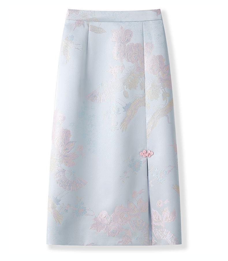 2026 New Chinese Style Embroidered Slit Midi Skirt for Women - Slimming, Hip-Hugging, Ideal for Spring and Autumn