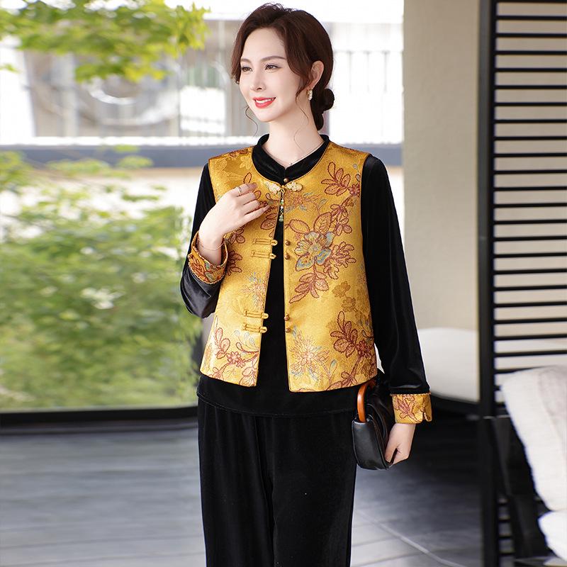 

Elegant Spring Vest Suit for Mothers: National Style Velour Top and Outerwear for Middle-Aged Women. 3XL [135-145 jin]