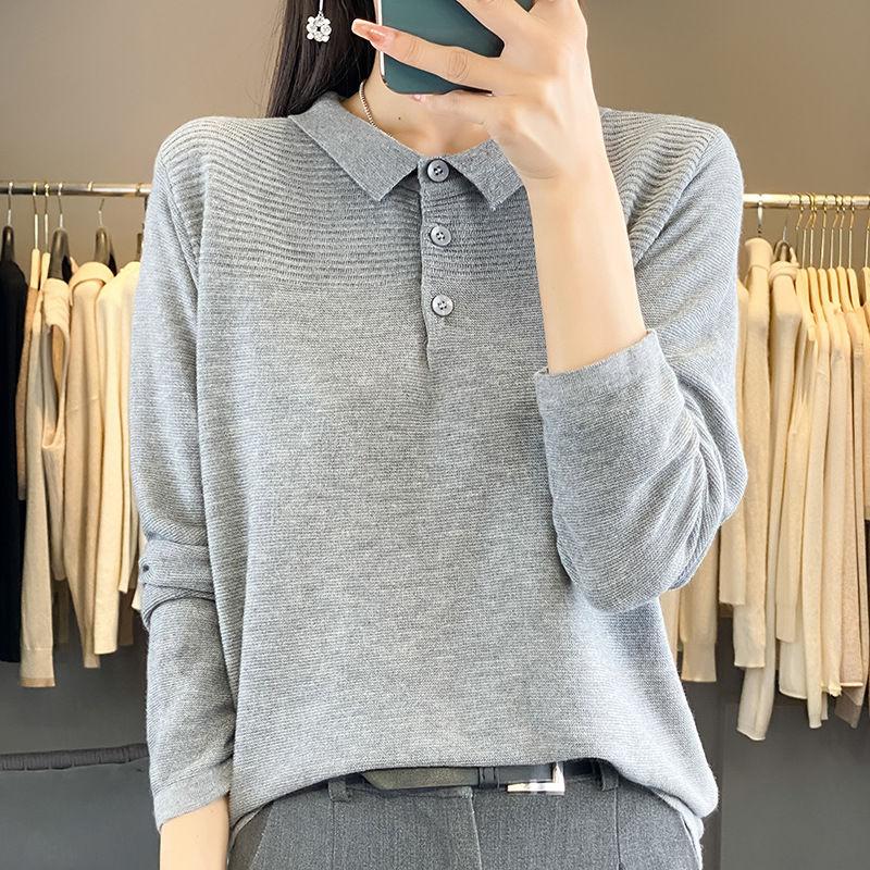 

Осенний женский новый сшивной пуловер с воротником поло на пуговицах, модный однотонный свободный минималистичный повседневный топ на длинный рукав, подходящий ко всему L серый