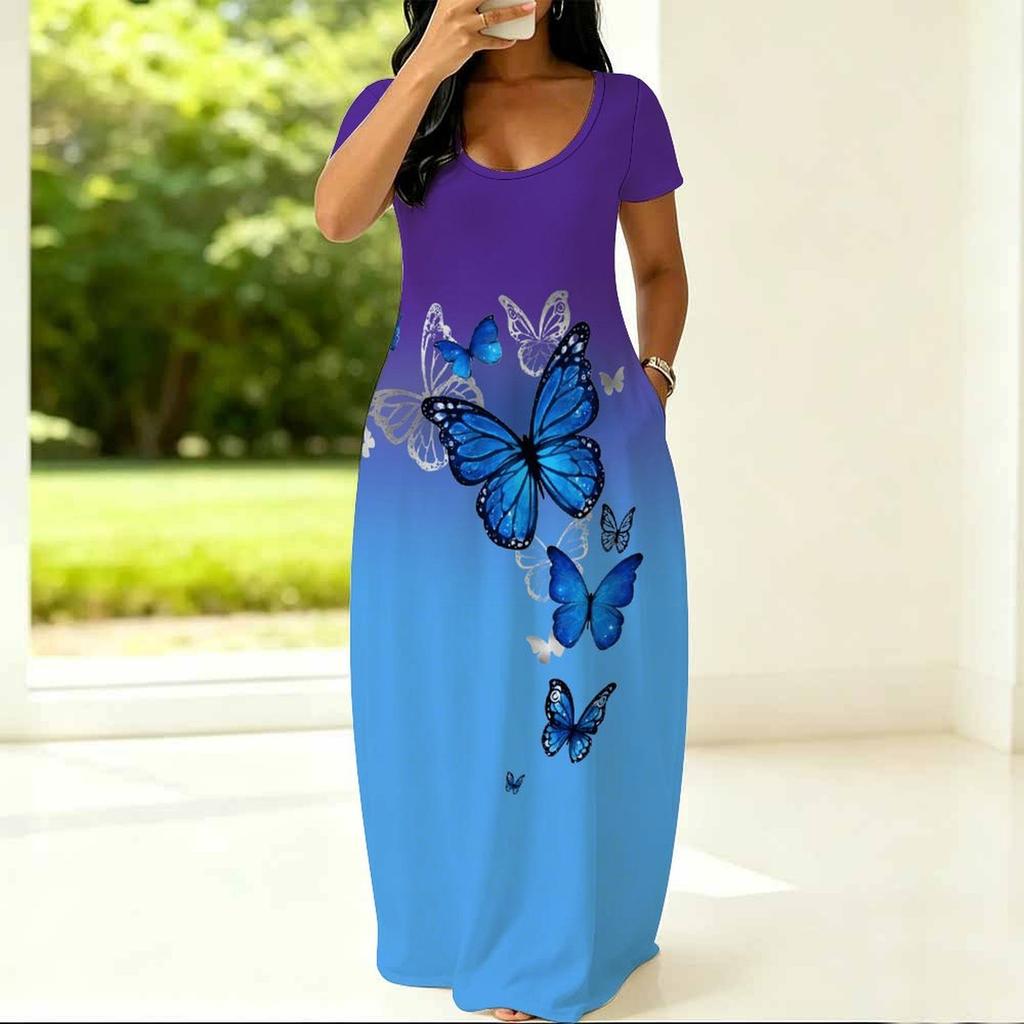 Women Crew Neck Short Sleeve Tunic Dress Plus Size Flowy Design For Summer Casual Shopping Trips