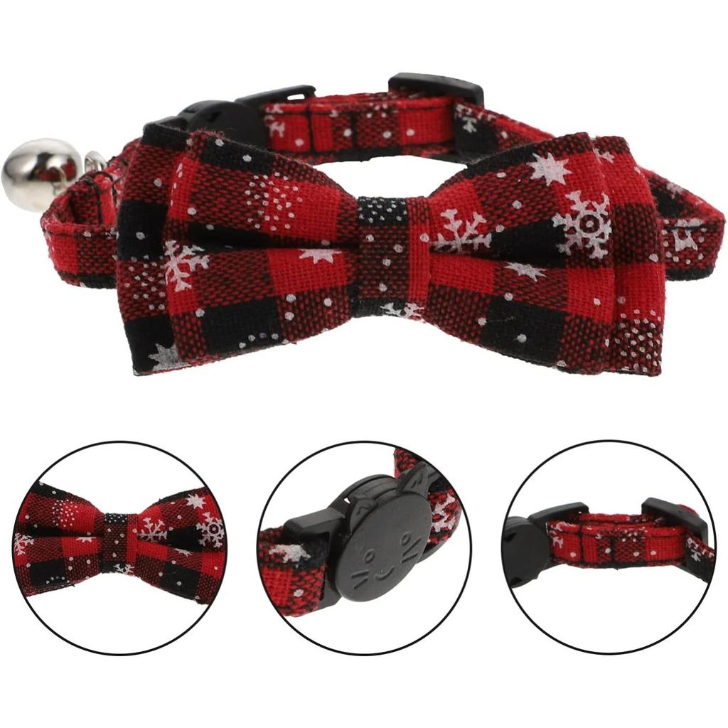 4 Pack Christmas Cat Collar, Breakaway Collar with Bell and Cat Bow Tie, Removable & Adjustable