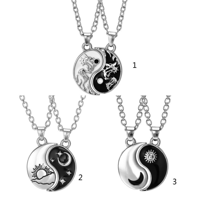 2 Pieces Yin Yang Pendant Necklace for Men Women Tai for Chi Stitching Necklace for Sun Moon Couples Matching Necklaces