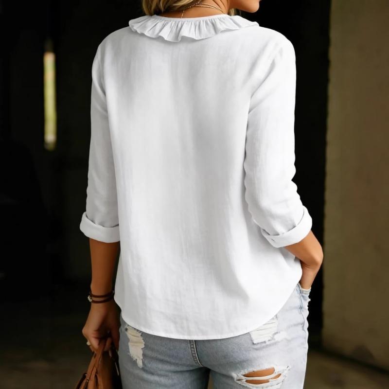 Solid Color Ruffled Long Sleeve V Neck Casual Womens Blouse