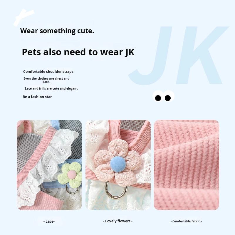 Small Cat and Puppy Travel Dog Walking Supplies with JK Chest Strap Flower Printed Traction Rope XS Size Cat and Dog Clothing