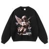 Vintage Hip Hop Oversized Distressed Hoodie With Graphic Print Loose Fit Streetwear Sweatshirt Men